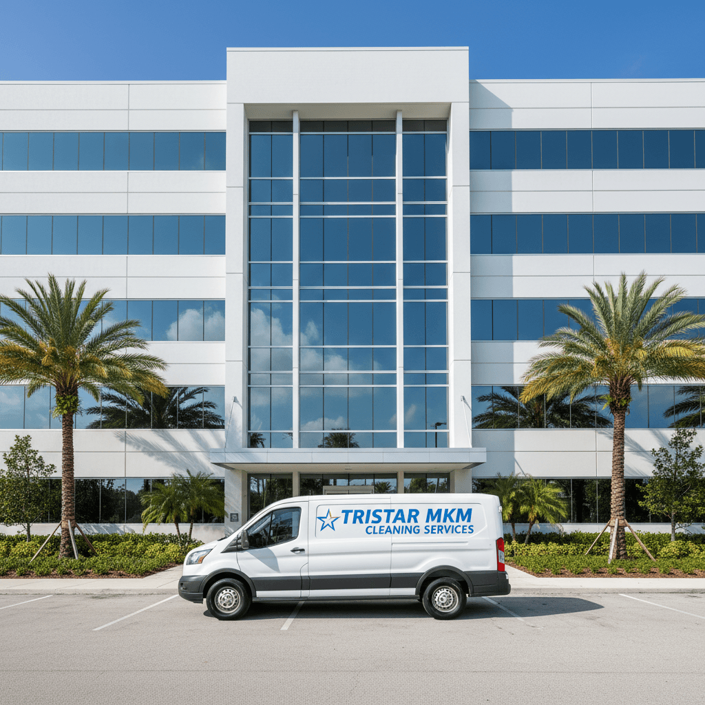 TRISTAR MKM CLEANING SERVICES van parked in front of a modern office building in West Palm Beach.