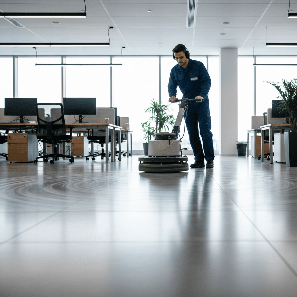 Commercial cleaner maintaining office floor with professional equipment