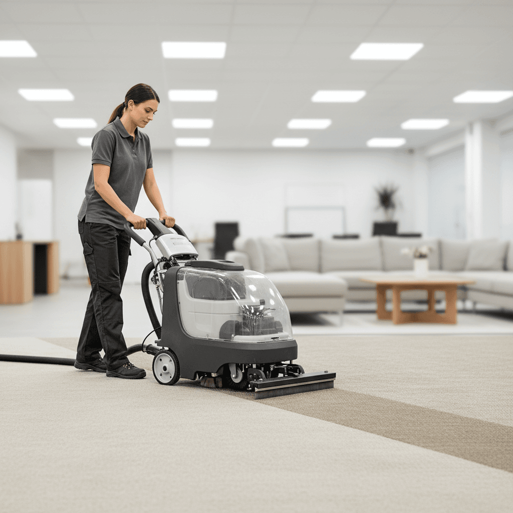 Professional carpet cleaning machine in use on residential carpet