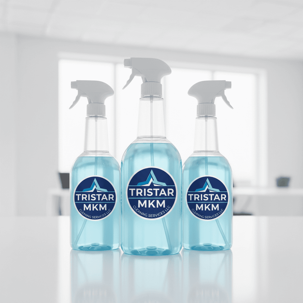Set of cleaning spray bottles with TRISTAR MKM CLEANING SERVICES logo