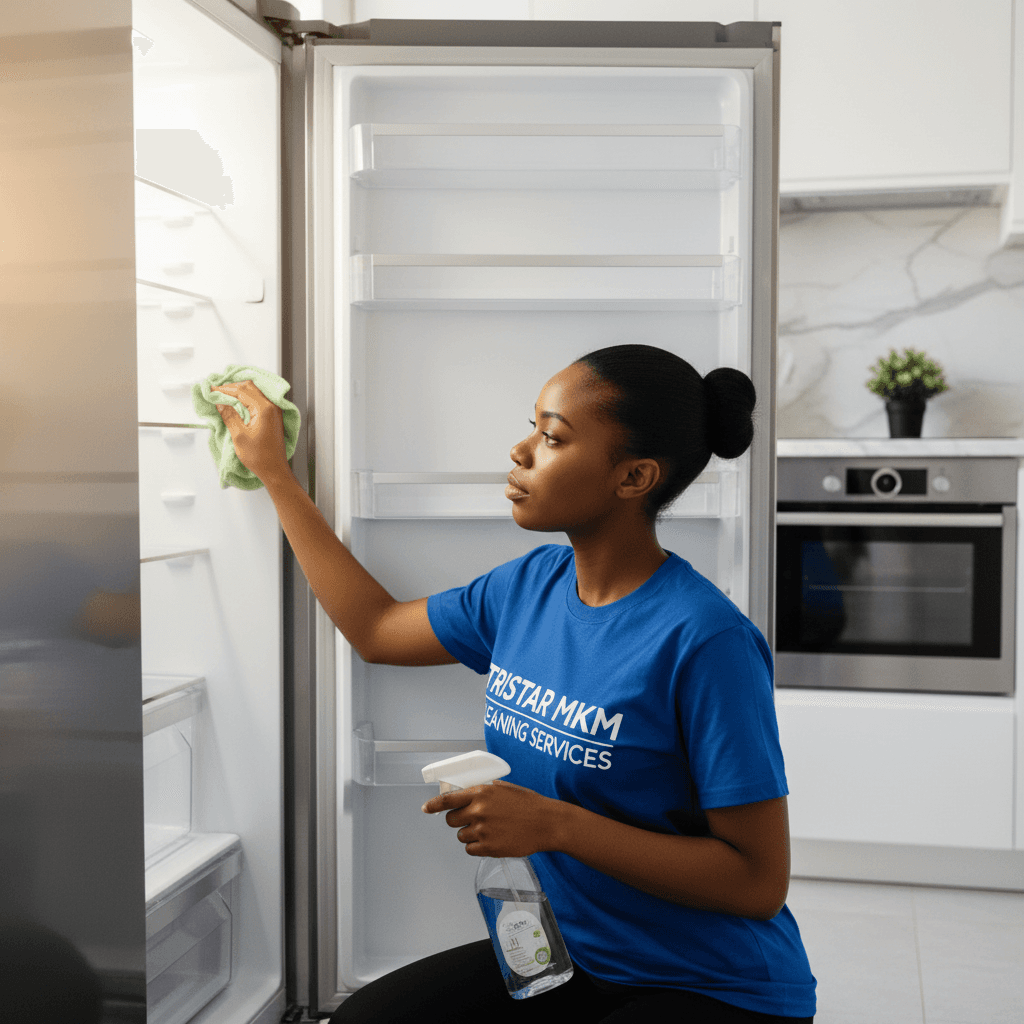 Black woman in TRISTAR MKM T-shirt cleaning a modern fridge in a bright kitchen