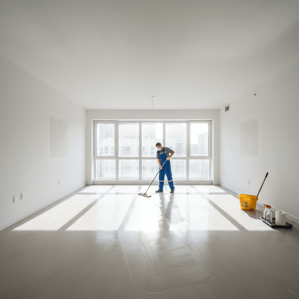 Empty residential space being professionally cleaned for new tenants
